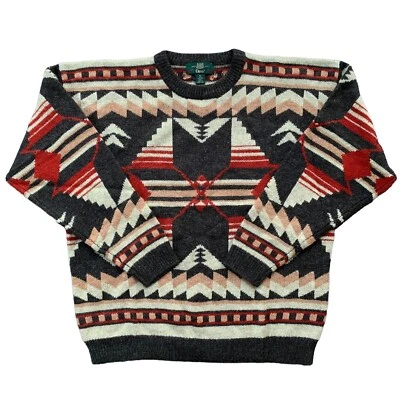 Vintage Orvis Sweater Shetland Wool Mens Large Red Brown Aztec Knit - Image 1 of 4