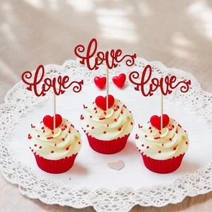Love 24 Pack Valentine's Day Cupcake Toppers Wooden Picks Red Glitter Heart New - Picture 1 of 7