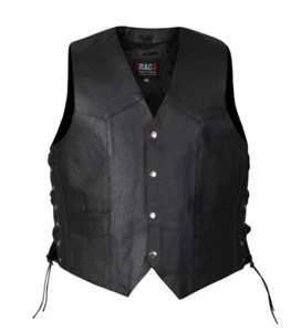 RAC3 Motorcycle Vest for Men - Genuine Leather with Side Laces and Pockets - Picture 1 of 5