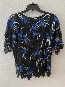 De colección HD Mejor Calidad Top Azul Plata Lentejuelas Cuentas Bling Cóctel Seda - Imagen 1 de 3
