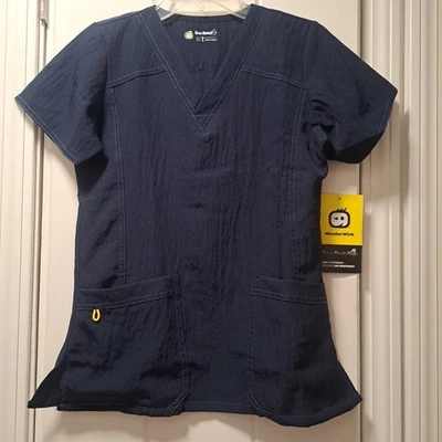 WonderWink Four Stretch Scrub Top Womens Size XS Navy Blue V Neck Short Sleeve - Image 1 of 4