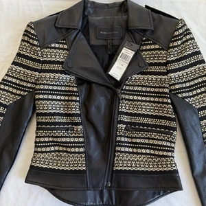 NWT BCBGMAXAZRIA Leonardo Moto Jacket XS NEW Black Gold Embellished $398 - Picture 1 of 4