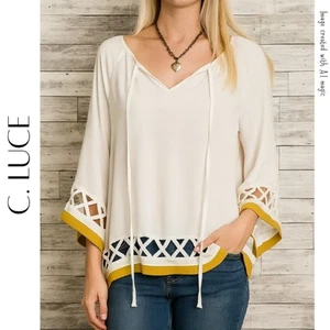 Blusa Campesina C. LUCE Marfil y Crudo Borde Enrejado, S - Imagen 1 de 8
