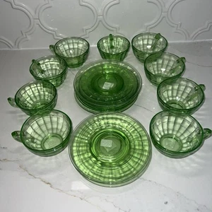 1930's Block Optic Emerald Green Uranium Vaseline Glass Cups & Saucers Lot Of 18 - Picture 1 of 24