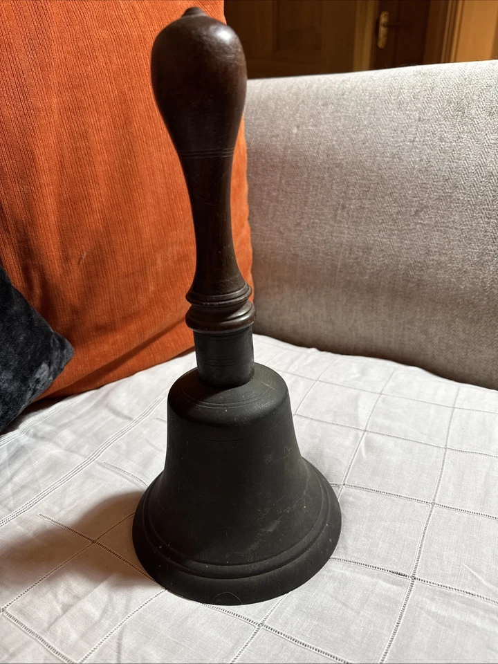 Vintage Brass School Bell Town Crier Church Hand Held Wood Turned - Image 1 of 4
