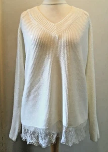 M&Co Lace Hem Jumper Womens Long Sleeve V Neck Size 10-14 Uk BNWT £33.49 Ivory - Picture 1 of 8