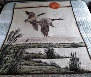 Vintage Biederlack Blanket Sunset Ducks Geese Reversible Large Throw 52"x 74" - Picture 1 of 14