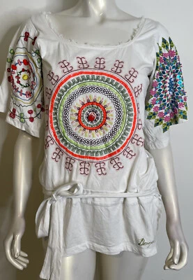 Desigual Eliona Long Appliqued T Shirt Top M White Multi Beaded Embroidered - Image 1 of 4