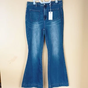 Risen Wide Leg Jeans 1XLHigh Rise Front Square Pockets Stretch - Picture 1 of 12