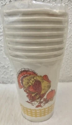 Vintage Thanksgiving Paper Cups Turkey American Greetings 9 oz ~ 8 Ct ~ 1977 NOS - Image 1 of 4
