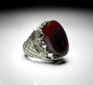Blood Red Yemeni Aqeeq Ring, 925 Sterling Silver Natural Agate Ring, Shia Ring - Picture 1 of 2