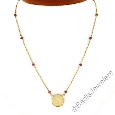 16.5" 14k Gold Ruby by the Yard Chain w/ 18k Cherub Angel Round Pendant Necklace - Image 1 of 4