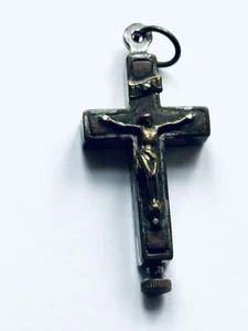 Antique Religious Reliquary Crucifix Cross Silver Tones Holy Relics Inside 1.75” - Picture 1 of 7