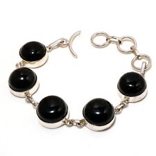 Black Onyx Natural Gemstone Hadnamde 925 Sterling Silver Jewelry Bracelet 7-8"