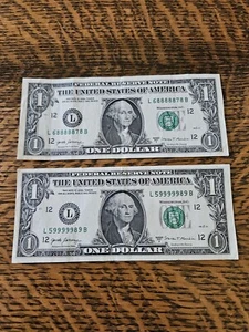 Two Opposites Almost Six In A Row Fancy Serial Number One Dollar Bill - Picture 1 of 9