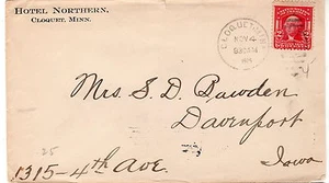 Hotel Northern CLOQUET MINN NOV 4 1905 cc Sc# 319 to Davenport Iowa - Picture 1 of 1