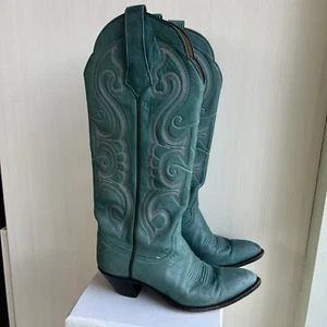 Larry Mahan Blue Teal Western Cowboy Boots Vintage US Made Size 7 Womens RARE - Picture 1 of 11