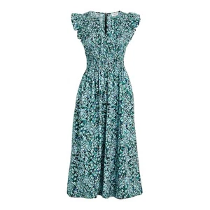 J Crew Dress Womens Large Blue Green Floral Smocked Waist Midi Cottagecore - Picture 1 of 16