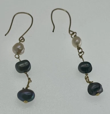 14K G.F. Black & White Pearl Dangle Hook Artisan Earrings Buy3ShipFree - Image 1 of 4