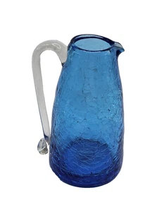 VINTAGE CRACKLE GLASS PITCHER BLUE HAND BLOWN GLASSWARE BARWARE COLLECTIBLE MEMO - Picture 1 of 13