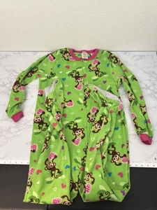 One Piece Pajamas L (10-12) Green Fleece Full Zip Footed Monkeys Hearts K1 - Picture 1 of 5