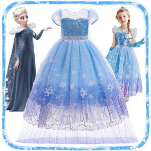 Girls Elsa Frozen Costume Dress Lace Skirt Fancy Outfit Kids Princess Party Gift - Picture 1 of 14