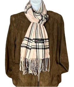 Unisex 100% CASHMERE Tartan Pink Black Stripe Plaid Wool Camel Wrap Scarf - Picture 1 of 5