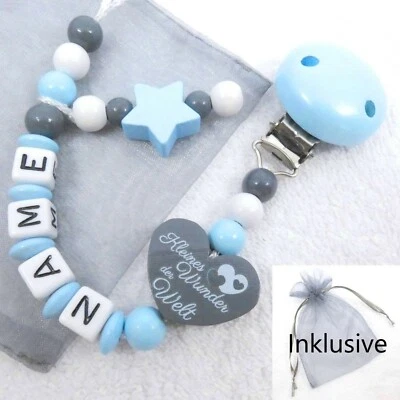 GIFT-STORE24 Schnullerkette mit Namen, blau, grau, weiß, kleines Wunder, Herz, Junge