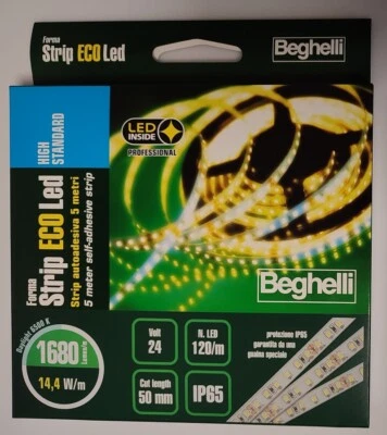 STRISCIA LED 24V 14.4W/MT IP65 6500K LUCE FREDDA ADESIVA MT 5 BEGHELLI 56605 - Immagine 1 di 2