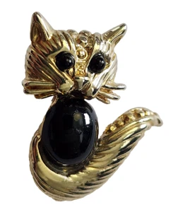 Cat PIN Vintage JELLY BELLY Black Gold Tone Metal 1980s Brooch - Picture 1 of 4