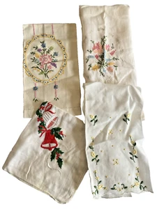 Vintage Embroidered Tea Towels Needlepoint Handkerchief Linens Lot 4 Pcs 1950s - Picture 1 of 5