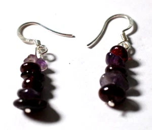 GARNET & AMETHYST STERLING SILVER DROP EARRINGS - Picture 1 of 3