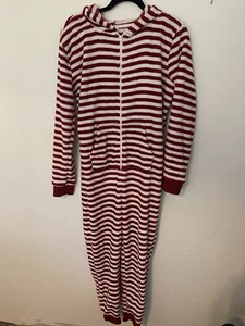 Forever 21 Adult M One Piece PJs Pajama Candy Cane Stripe Fleece Zip Up - Picture 1 of 5