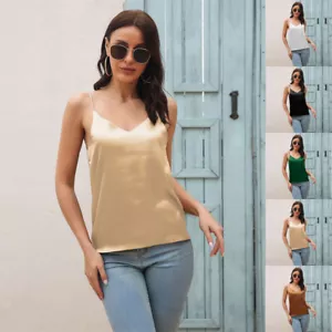LADIES CAMI TOP SILK SUMMER SILKY SATIN STRAPPY VEST SUN TOP BLOUSE UK SIZE NEW - Picture 1 of 12