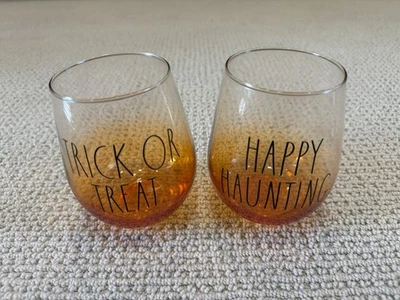 Rae Dunn Orange Ombre Halloween Wine Glasses HAPPY HAUNTING & TRICK OR TREAT - Image 1 of 2