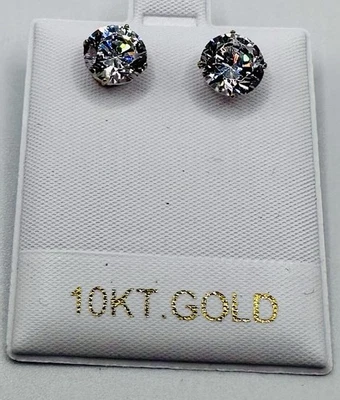 Pendientes solitario solitario redondo de circonita cúbica de oro amarillo macizo real de 10K 8 mm retroceso 052 Foto 1 de 4
