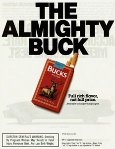 Vintage Print Ad 1991 Bucks Filter Cigarettes The Almighty Buck Full Rich Flavor - Picture 1 of 2