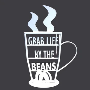 Grab Life By The Beans White Metal Sign Coffee Cup 12x8 in Shelf Sitter - Picture 1 of 6