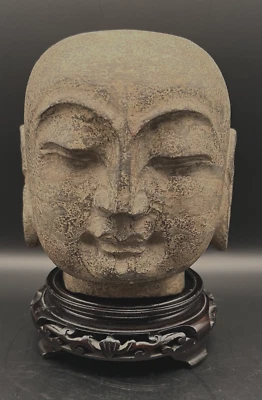 Antique Buddha Head of a Lohan Yuan Chinese Song Dynasty Solid Carved Stone RARE - Image 1 of 4