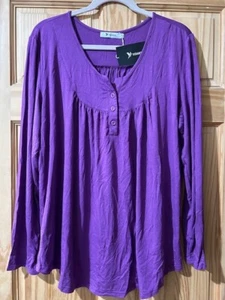 Women's Plus Size 3X Long Sleeve Top with Buttons Gathered Neckline Purple 3X - Picture 1 of 8