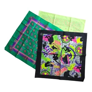 Vintage Lot 3 80s Neon Bandanas Skateboard Green Paisley Yellow New - Picture 1 of 4