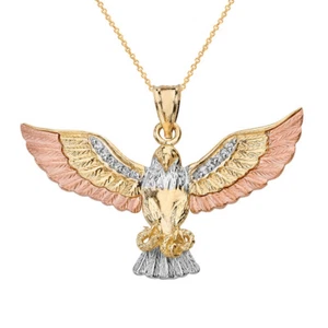 Solid Three Tone Gold Eagle Snake CZ Pendant Necklace - Picture 1 of 3