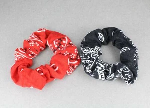 Red Black White bandana print jersey fabric ponytail holder scrunchies set of 2 - Picture 1 of 6