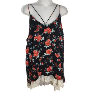 Umgee Tank Top Large Black Red Mix Floral Criss Cross Lace Hem Spaghetti Strap - Picture 1 of 10