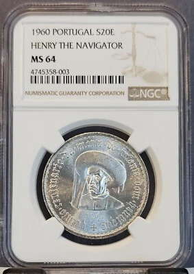 1960 PORTUGAL SILVER 20 ESCUDOS HENRY THE NAVIGATOR NGC MS 64 BEAUTIFUL BU - Image 1 of 3