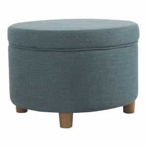 HomePop Round Transitional Wood and Fabric Storage Ottoman in Teal Blue - Picture 1 of 8