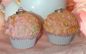 Set 2 Handmade Whimsical Shabby Pastel Sherbert Cupcakes Orange Pink Ornaments - Picture 1 of 3