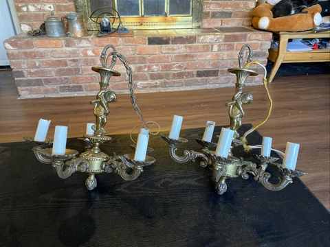 Pair Of Antique Vintage Small Cherub 5 Light Brass Chandeliers, Made In Spain Cover