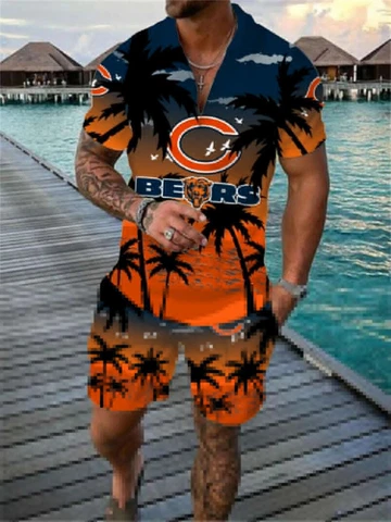 Chicago Bears Mens Tracksuit 2 Piece Zip-up T-Shirts Shorts Trunks Set Outfit Cover