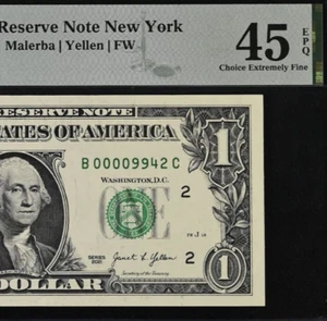 2021 $ Federal Reserve Note PMG 45EPQ - Four-Digit Fancy Serial Number 00009942 - Picture 1 of 3